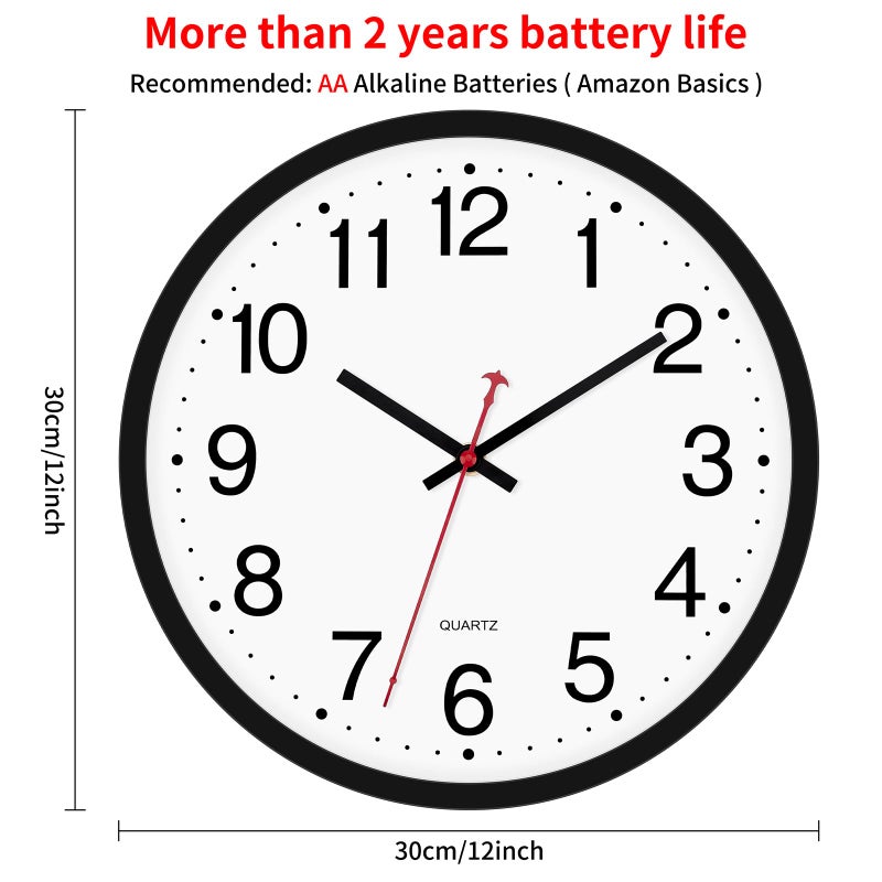 Foxtop Black Wall Clock Silent Non-Ticking 12 Inch Quartz Battery Operated Round Analog Wall Clock for Classroom School Office Living Room Bedroom Home - Image 2